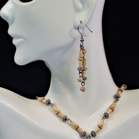 Boho Festival Necklace Earring Set Wood Silver Beads Christina Collection - Picture 2 of 10